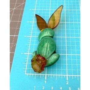 Elzac Bunnykins Green Ceramic Rabbit Lucite Ears & Spinning Tail Brooch